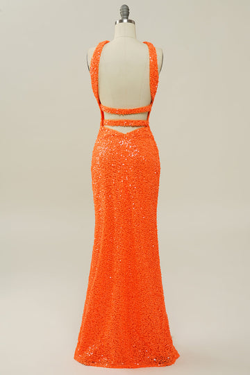 Naranja Halter Lentejuelas Sin Espalda Vestido de Fiesta